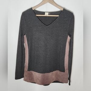 Ecru Women's Leather Trimmed Top Long Sleeve Gray/Mauve Size Small